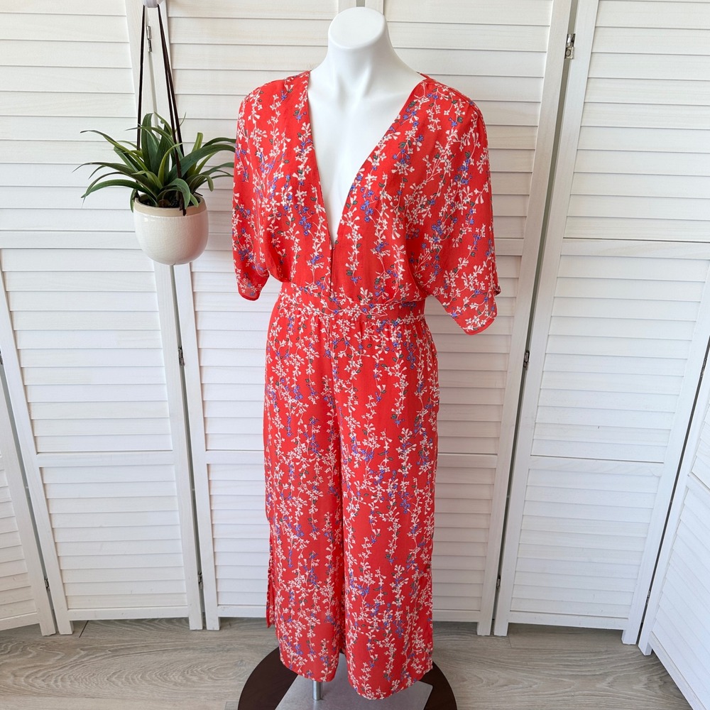 Anthropologie Moon River Red‎ Floral Print Jumpsuit Open Back Wide Leg Size M